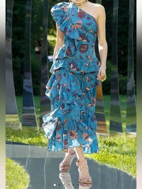 Ulla Johnson Teal One-Shoulder Floral Ruffle Dress